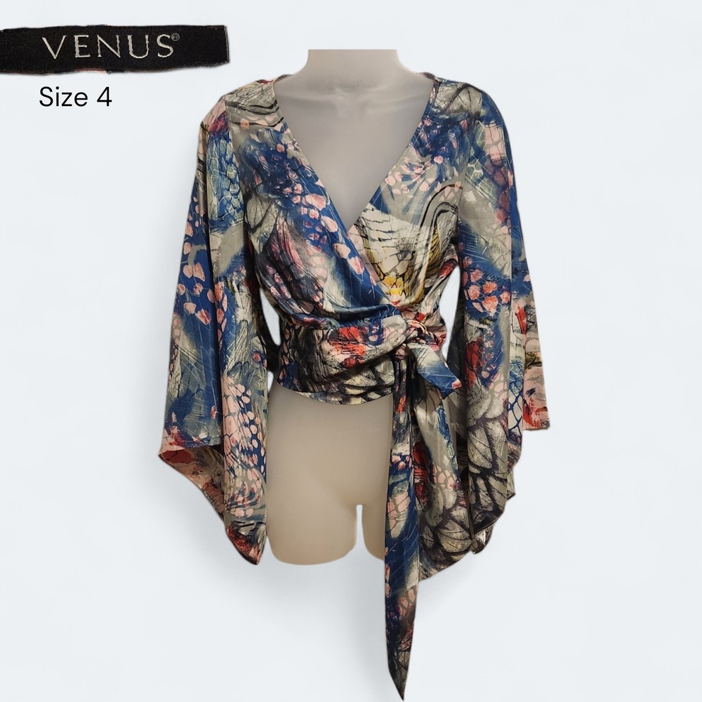 VENUS Women's Wrap Blouse Top Size 4 Small S Multi-Color Butterfly Print Kimono